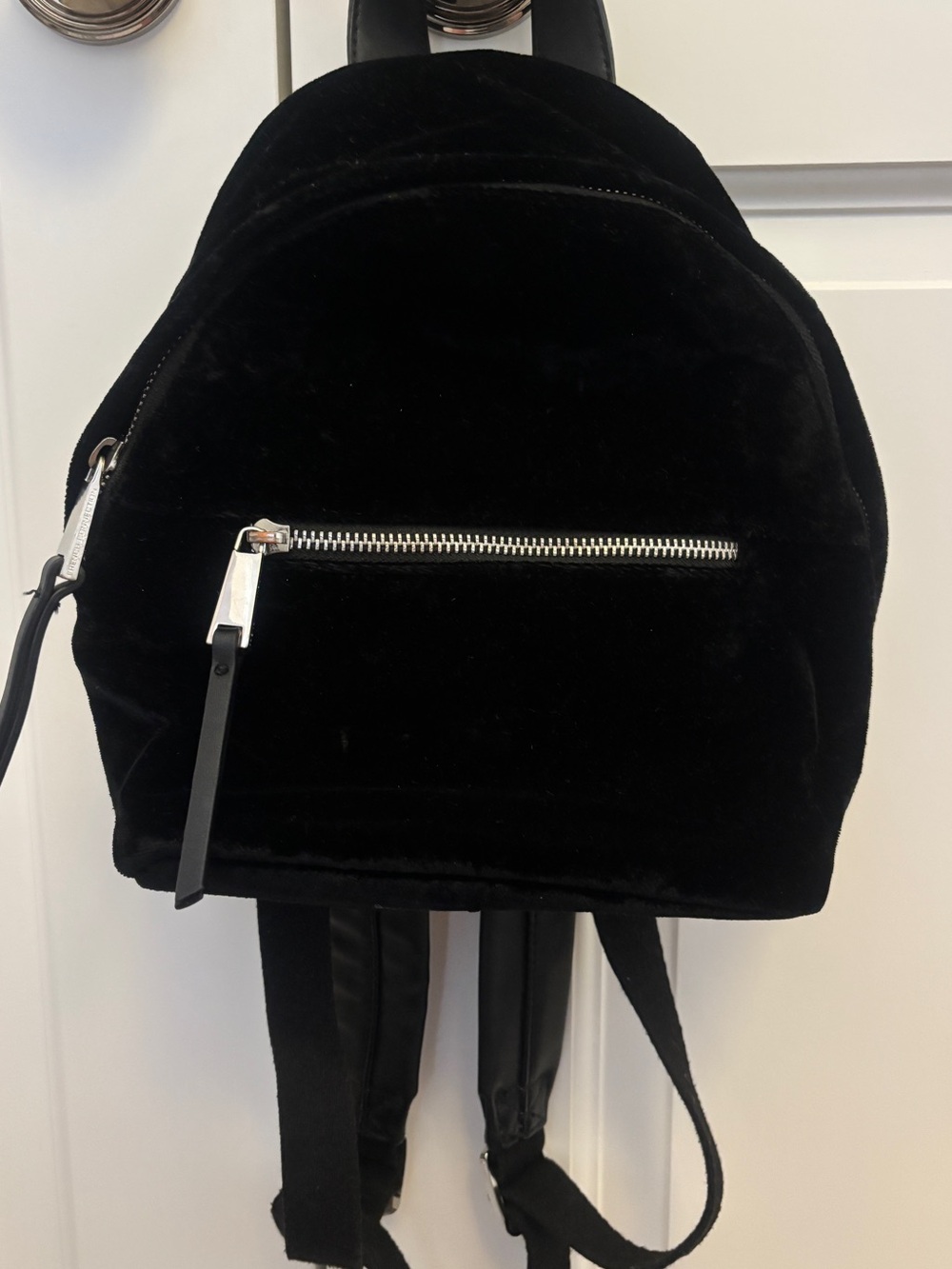 French Connection Black Velvet Mini Backpack with Silver Hardware